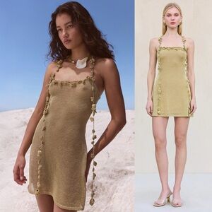 Cult Gaia Alonza Crochet Knit Floral Appliqué Mini Dress Gold NEW with tags